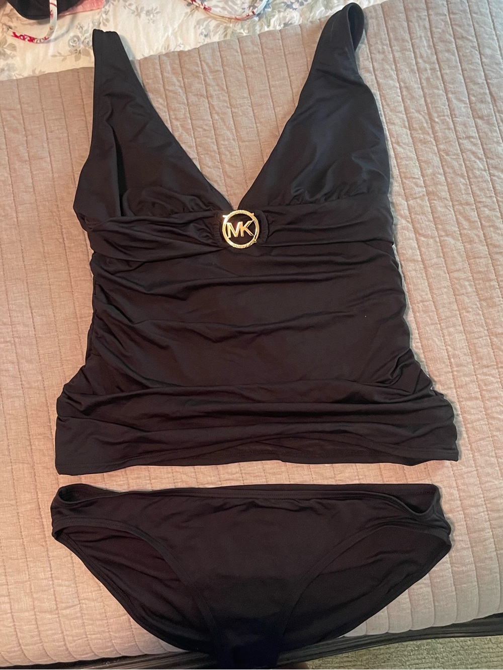 Michael Kors Black Two-Piece Tankini with Gold MK Accent